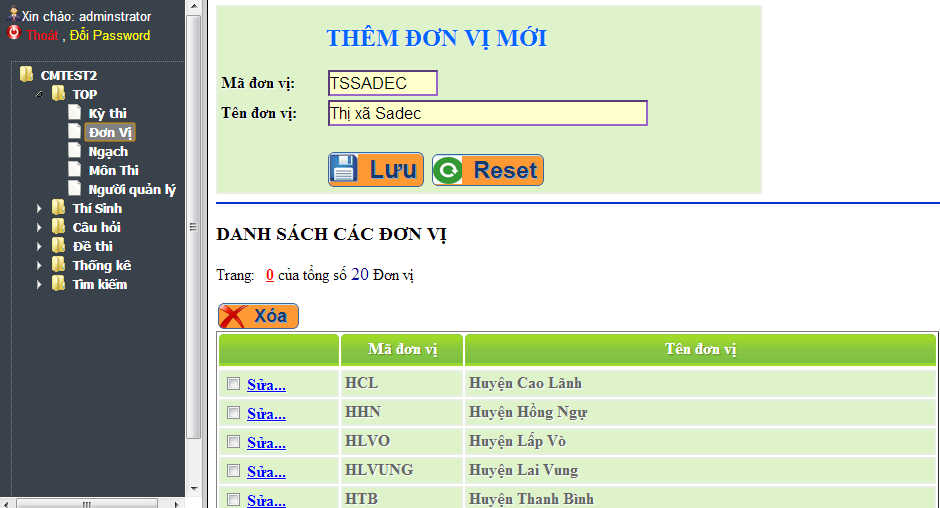 Khởi tạo đơn vị