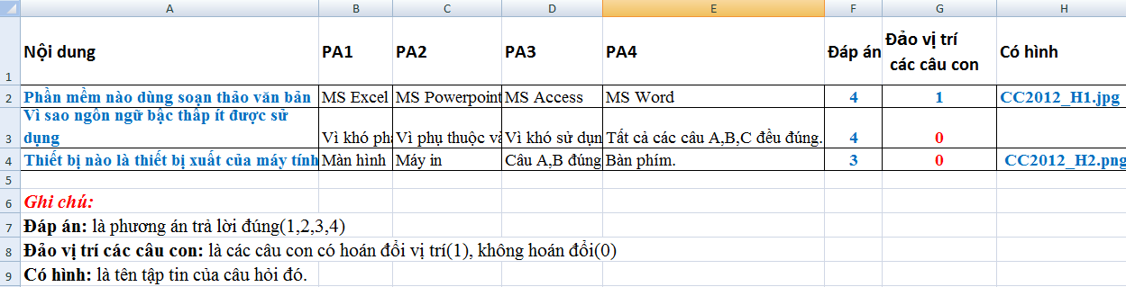 Định dạng import trắc nghiệm 2