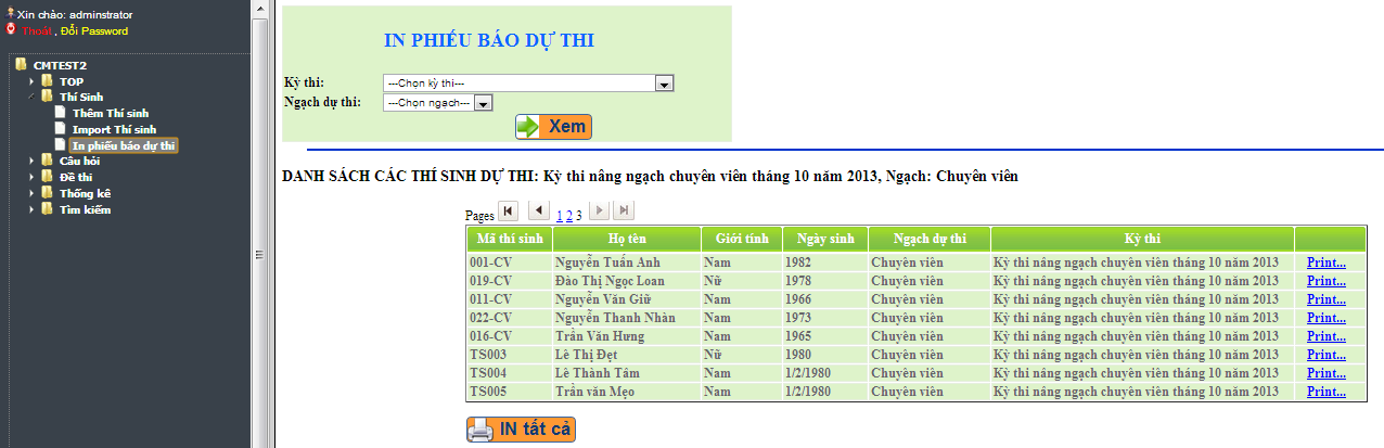In phiếu báo dự thi