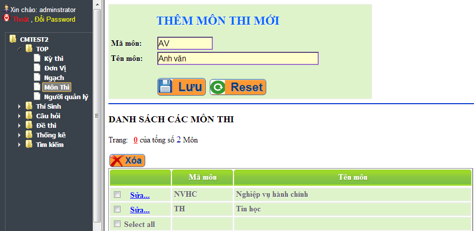 Khởi tạo môn thi