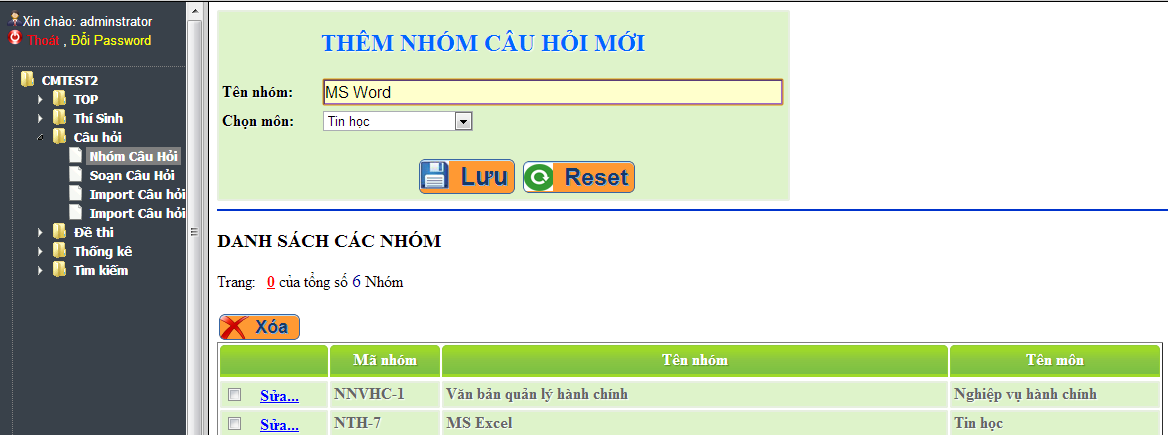 Khởi tạo nhóm câu hỏi