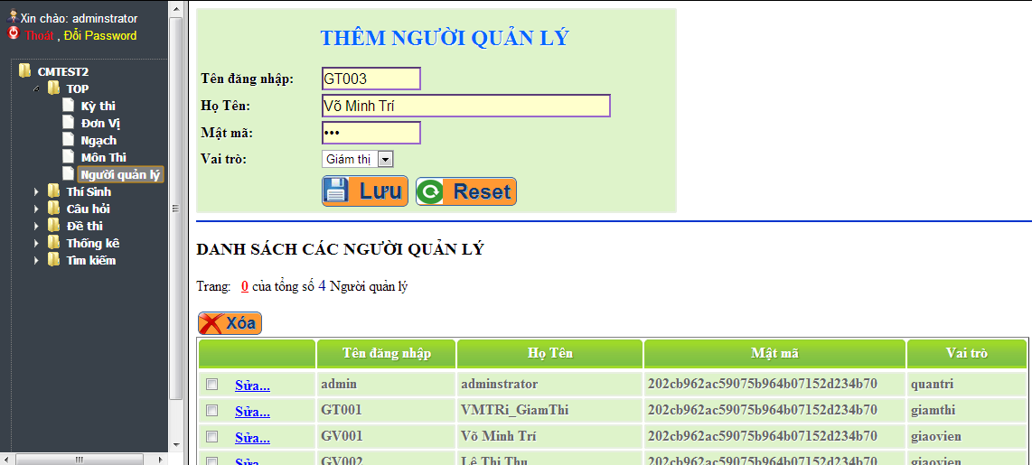 Khởi tạo người quản lý