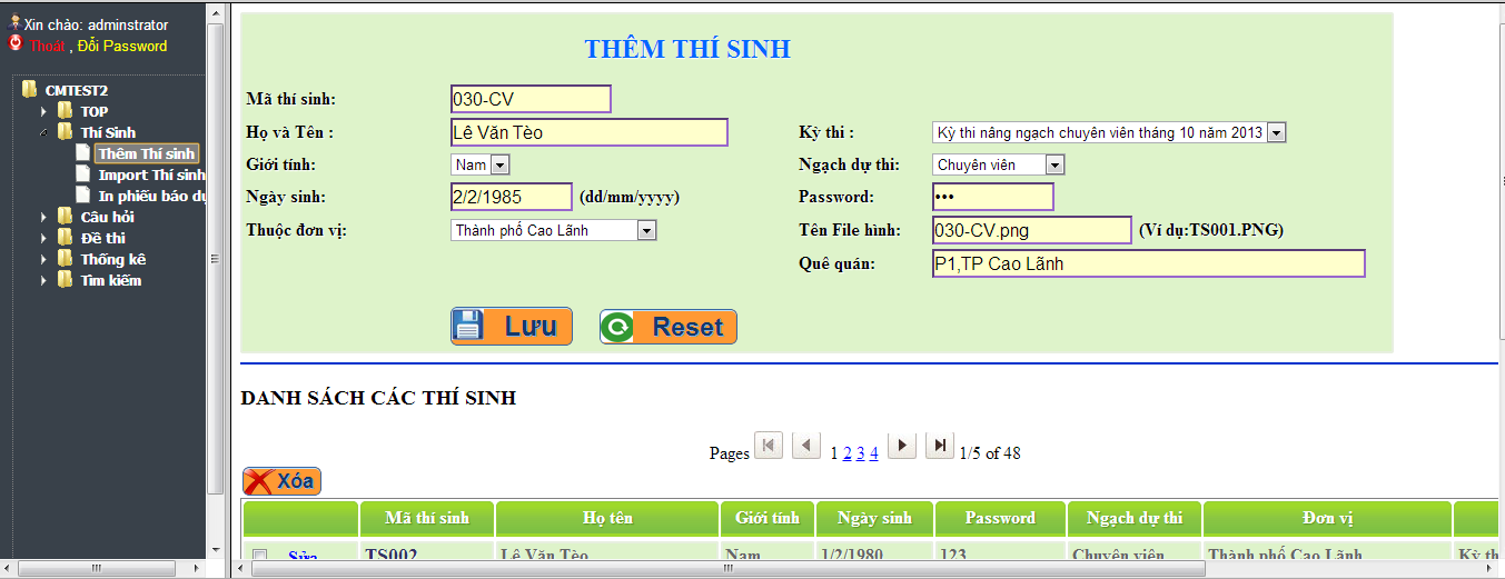 Khởi tạo thí sinh