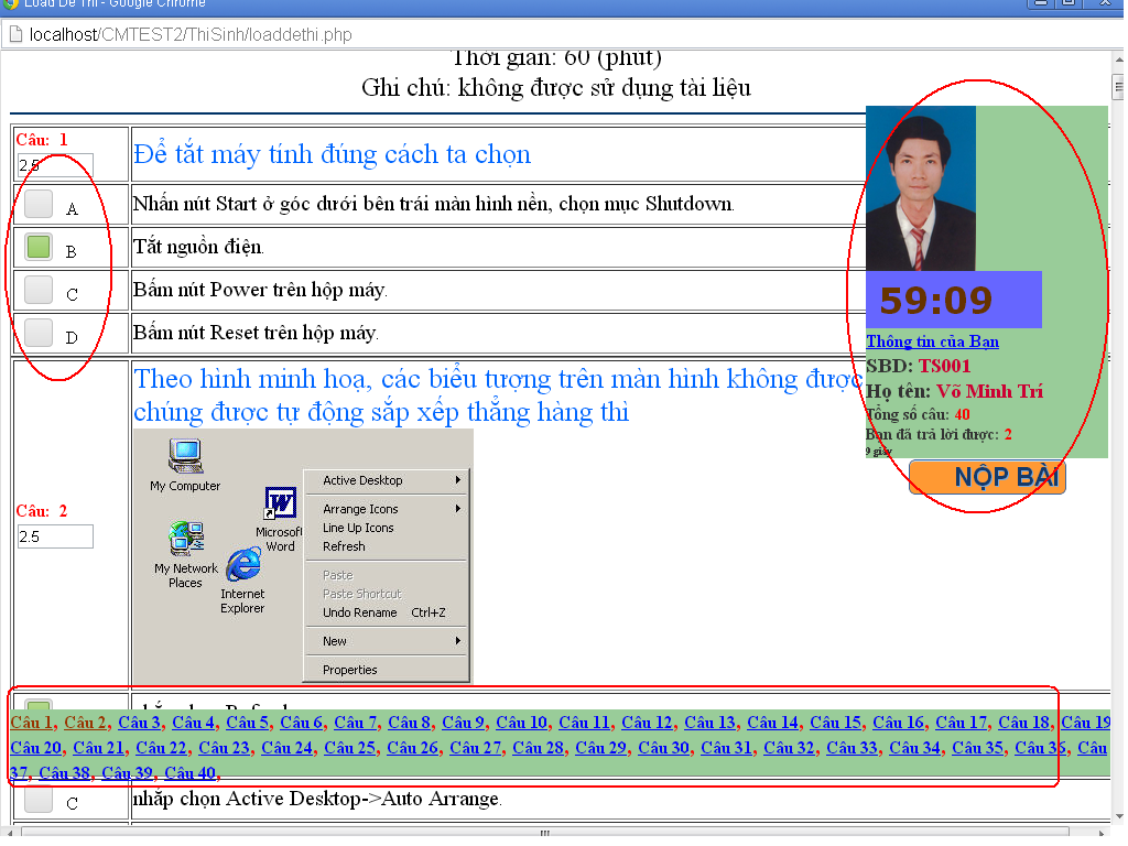 Giao diện làm bài thi